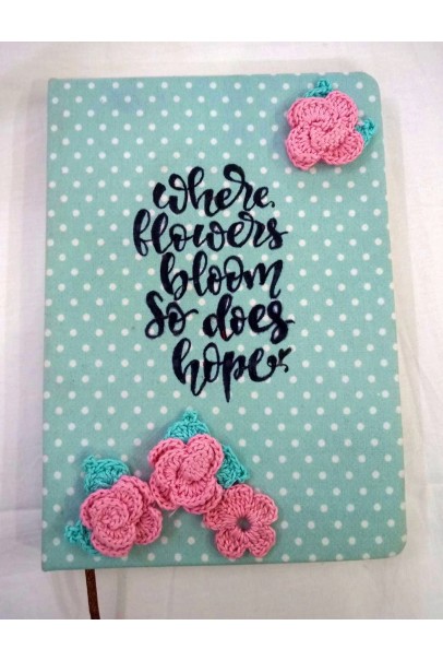 Diary with Crochet Embellished Pink Flowers and Leaves